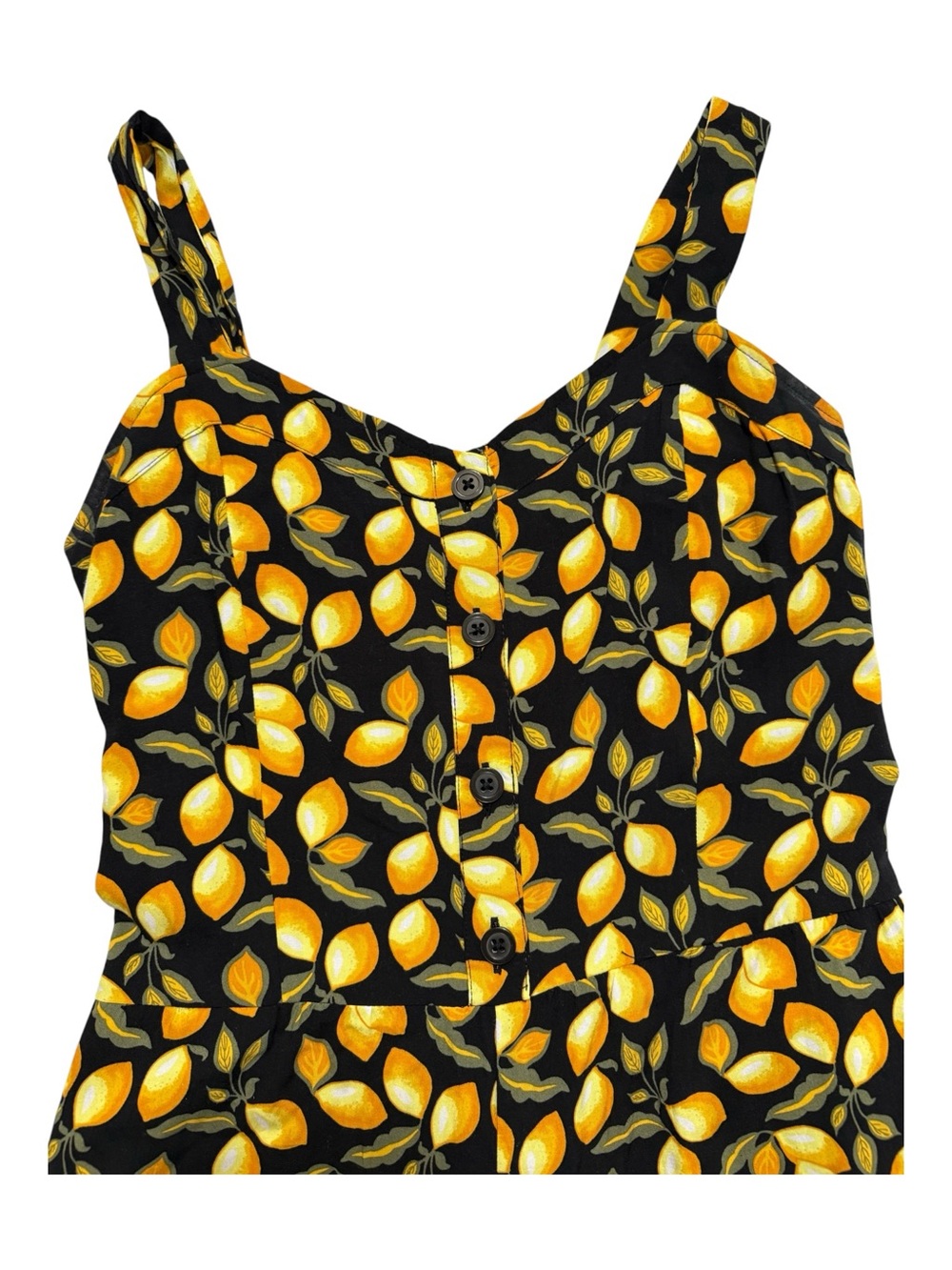 LOFT Lemon Print Jumpsuit Wide Leg Cropped Smocked Back Black Yellow Medium - Picture 2 of 7
